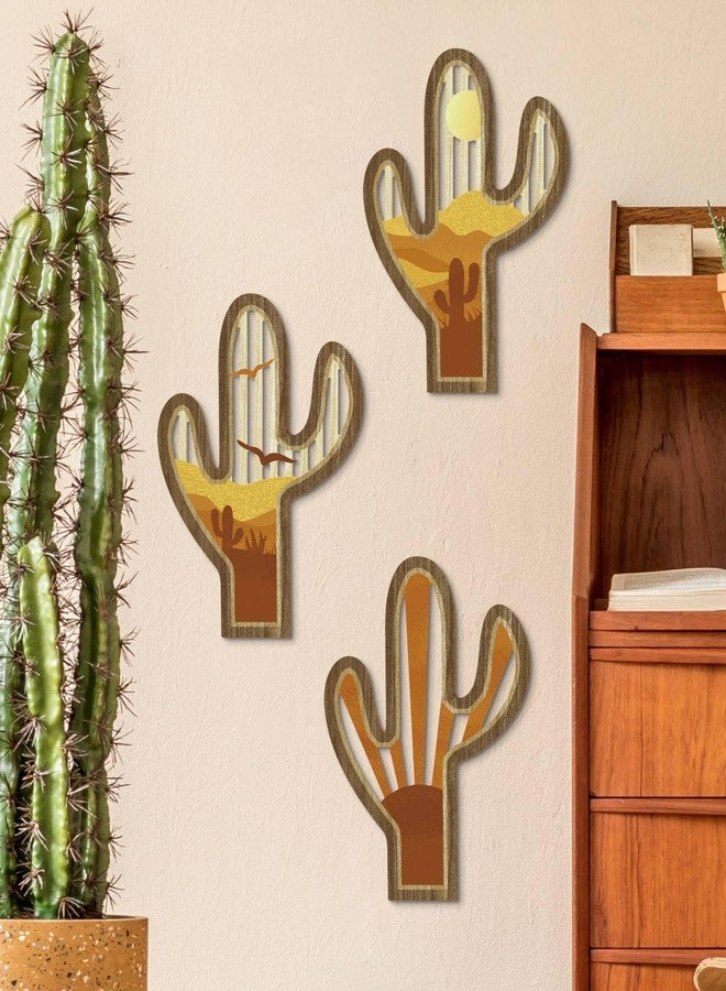 Putuo Decor Cactus Wall Decor, Boho Western Wall Art Set of 3, Wood Desert Cactus Wall Art, Southwestern Decor, Rustic Wooden Decoration, Boho Farmhouse Plaque for Living Room Bedroom Entryway Office - Image 5